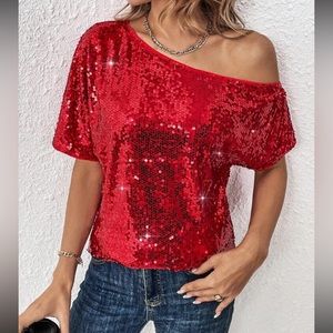 RED SEQUINED Luxe asymmetrical neck batwing sleeve blouse NWT